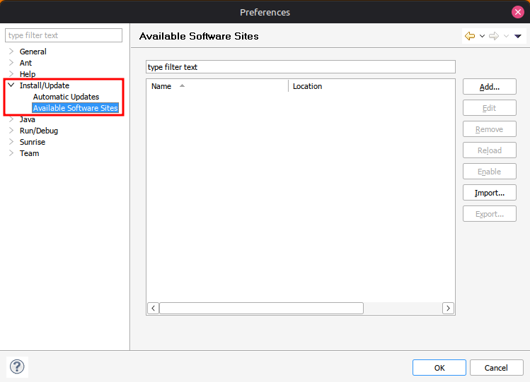 Меню Window → Preferences